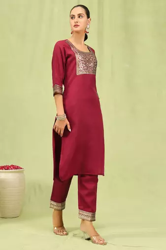Maroon embroidered cotton blend salwar suit