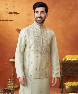 Green raw silk embroidered nehru jacket set 3