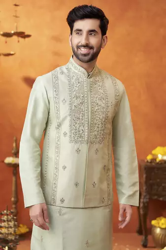 Green raw silk embroidered nehru jacket set