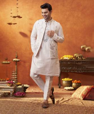 Lilac raw silk embroidered nehru jacket set 1