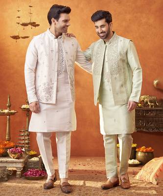 Lilac raw silk embroidered nehru jacket set 2