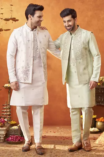 Lilac raw silk embroidered nehru jacket set