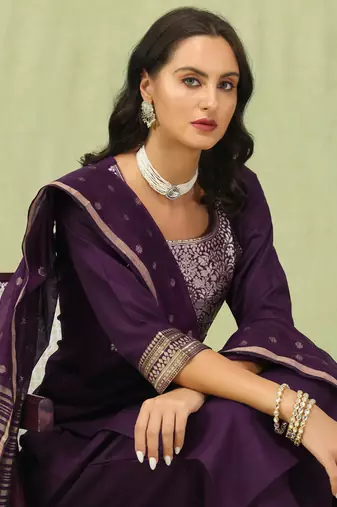 Purpel embroidered cotton blend salwar suit