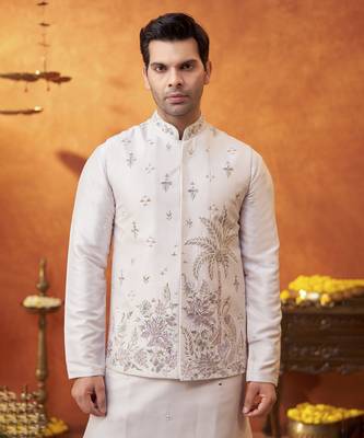 Lilac raw silk embroidered nehru jacket set 3