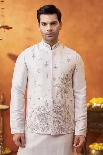 Lilac raw silk embroidered nehru jacket set
