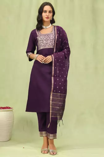 Purpel embroidered cotton blend salwar suit