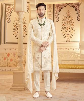 White raw silk embroidered sherwani with shawl & pant 1