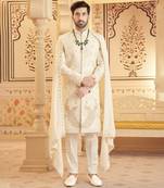 White raw silk embroidered sherwani with shawl & pant
