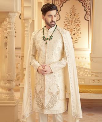White raw silk embroidered sherwani with shawl & pant 2