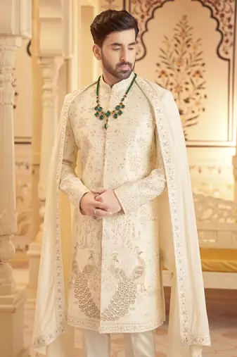 White raw silk embroidered sherwani with shawl & pant
