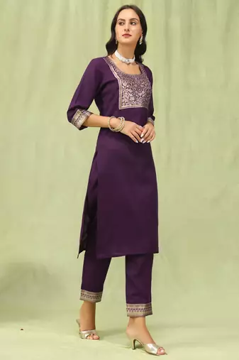 Purpel embroidered cotton blend salwar suit