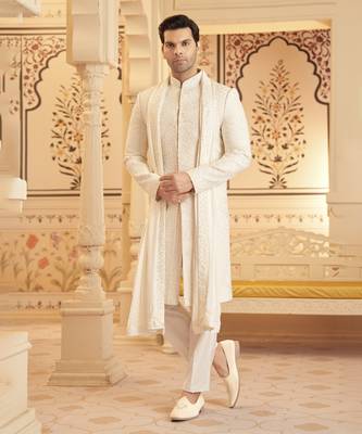 White chanderi silk embroidered sherwani with shawl and pant 1