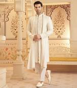 White chanderi silk embroidered sherwani with shawl and pant