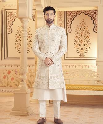 Lilac raw silk embroidered sherwani paired with kurta & pant 1
