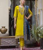 Yellow embroidered viscose rayon salwar suit
