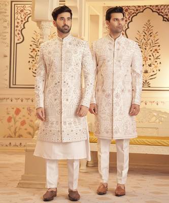 White chanderi silk embroidered sherwani with shawl and pant 2