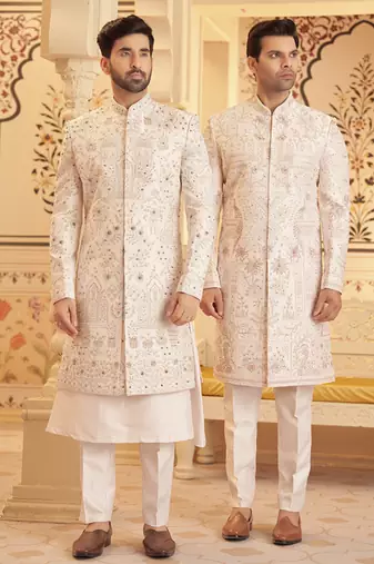 White chanderi silk embroidered sherwani with shawl and pant