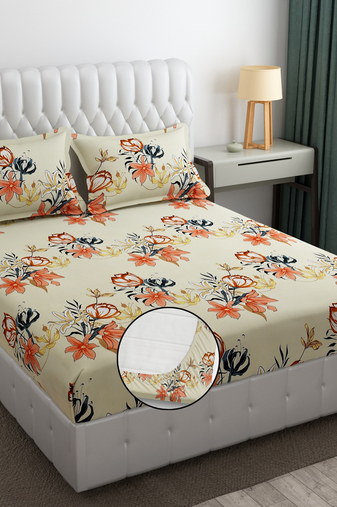 Cream floral) bed sheets with 2 king size pillow cover and double bed around elastic size 72x78x8 inches