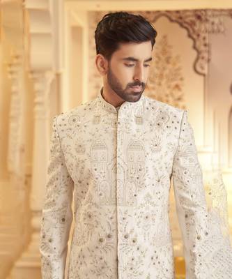 Lilac raw silk embroidered sherwani paired with kurta & pant 2