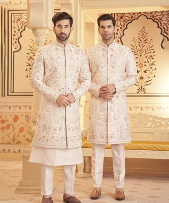 White chanderi silk embroidered sherwani with shawl and pant 3