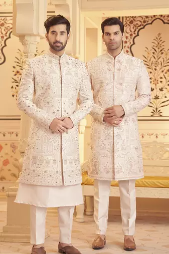 White chanderi silk embroidered sherwani with shawl and pant