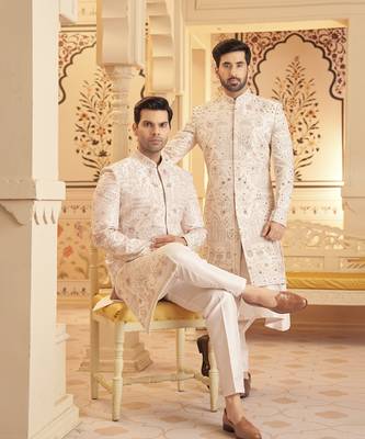 White chanderi silk embroidered sherwani with shawl and pant 4