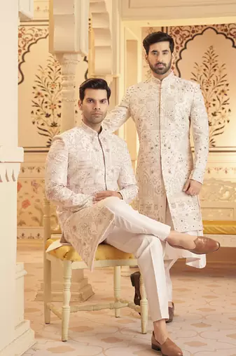 White chanderi silk embroidered sherwani with shawl and pant