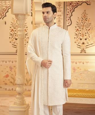 White chanderi silk embroidered sherwani with shawl and pant 5