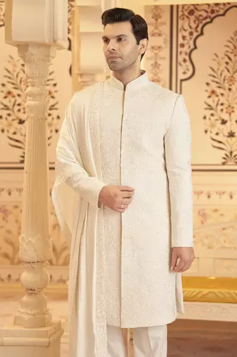White chanderi silk embroidered sherwani with shawl and pant