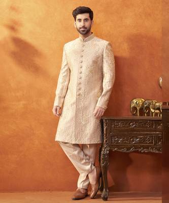 Beige satin embroidered sherwani & pant set 1