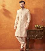 Beige satin embroidered sherwani & pant set