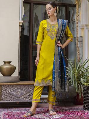 Yellow embroidered viscose rayon salwar suit 2