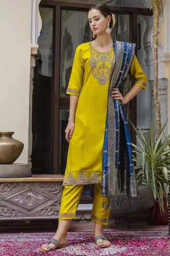 Yellow embroidered viscose rayon salwar suit