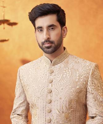 Beige satin embroidered sherwani & pant set 2
