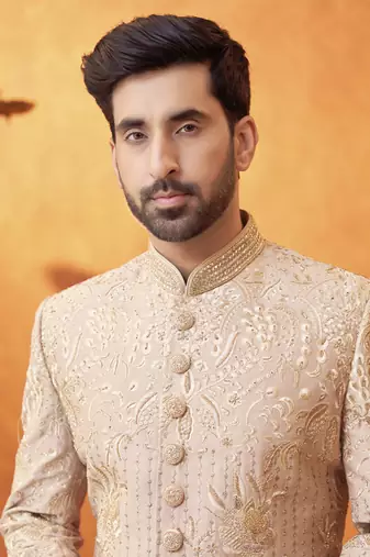 Beige satin embroidered sherwani & pant set