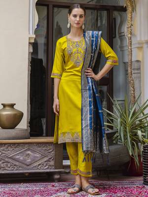 Yellow embroidered viscose rayon salwar suit 3