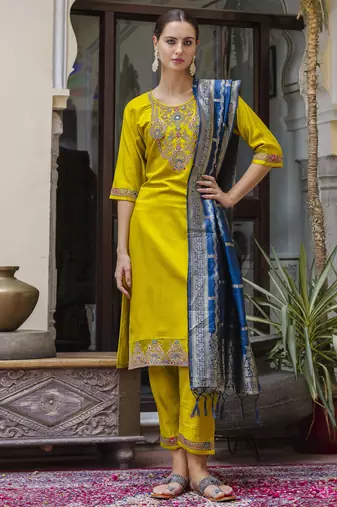 Yellow embroidered viscose rayon salwar suit