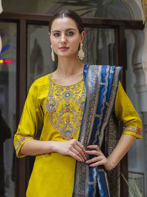 Yellow embroidered viscose rayon salwar suit 4