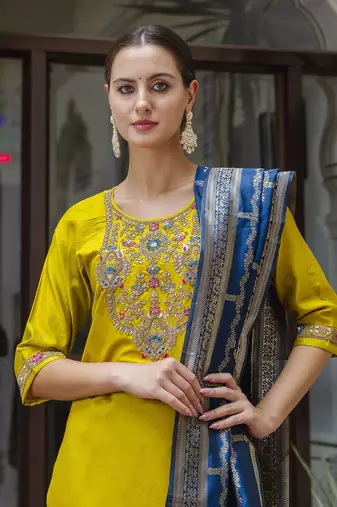 Yellow embroidered viscose rayon salwar suit