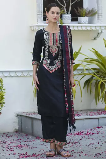 Black embroidered silk blend salwar suit