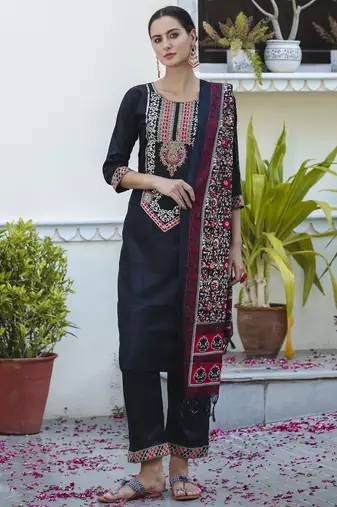 Black embroidered silk blend salwar suit