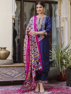 Blue embroidered silk blend salwar suit 2