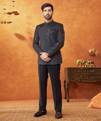Blue banarasi silk embroidered bandhgala paired with pant 1