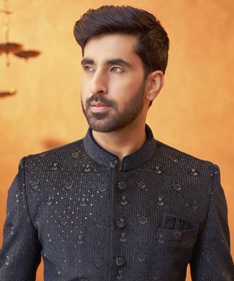 Blue banarasi silk embroidered bandhgala paired with pant 2