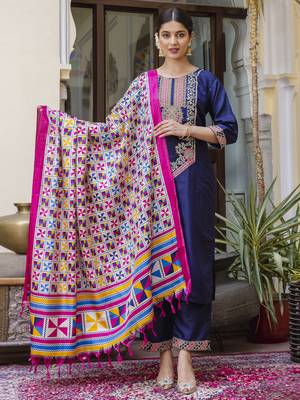 Blue embroidered silk blend salwar suit 4