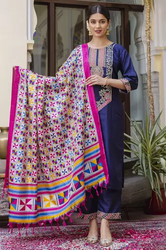 Blue embroidered silk blend salwar suit