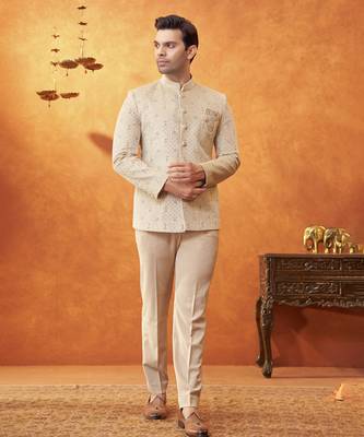 Beige banarasi silk embroidered bandhgala paired with pant 1