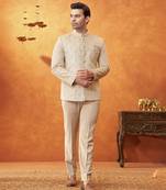 Beige banarasi silk embroidered bandhgala paired with pant