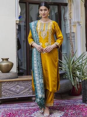 Yellow embroidered silk blend salwar suit 1