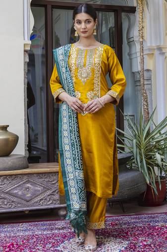 Yellow embroidered silk blend salwar suit